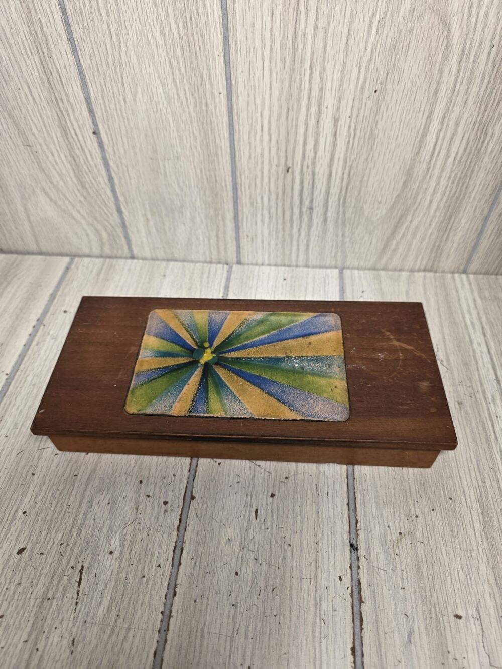 Vintage Bovano Enamel Wood Jewelry Box Mid Century Modern Trinket Case Box 10"